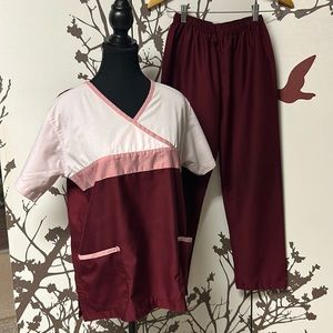 COTTON FIT Pink/Maroon Red Scrub Top (T-Shirt) & Bottoms (Pants) Coord Set $18
